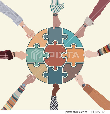 Problem solving concept. Hands of business women and men each holding a piece of interlocking puzzle forming a circle. Metaphor. Strategy concept.Joining puzzle pieces. Match. Colleagues 117851659