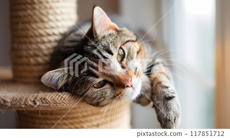 Beautiful cat relaxing on a scratching post 117851712