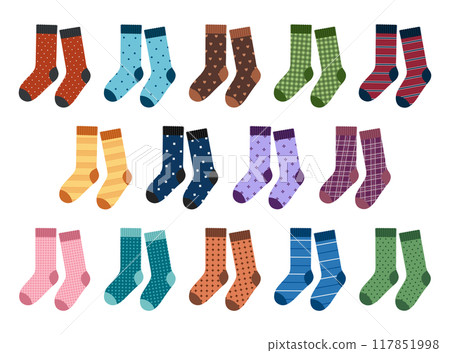 Set of colored pairs of socks with different patterns. Foot apparel collection. Cotton and wool accessory. Vector flat illustration isolated on white background 117851998