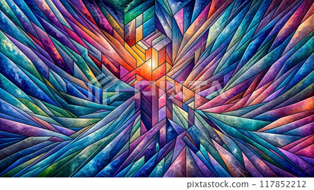 colorful geometric abstract mosaic, reminiscent of the ocean's surface under a setting sun 117852212
