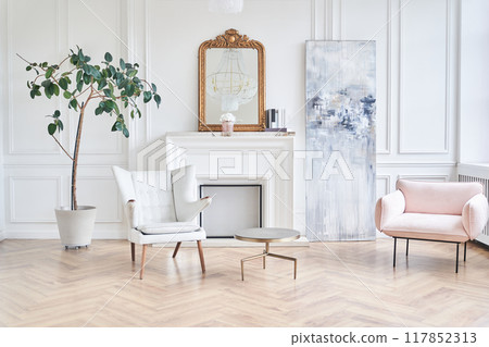 A modern living room with a sofa on a wooden floor, empty walls and a large window. With space to copy. High quality photo A modern living room with a sofa on a wooden floor, empty walls and a large window. With space to copy. High quality photo 117852313