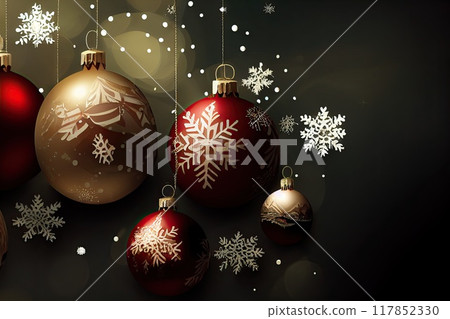 New Year and Merry Christmas Holiday Winter Background. Christmas decorations, backdrop with copy space, generative ai New Year and Merry Christmas Holiday Winter Background. Christmas decorations, backdrop with copy space, generative ai 117852330