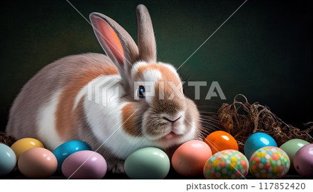 Happy Easter Bunny with Many Colorful Easter Eggs. Generative AI 117852420