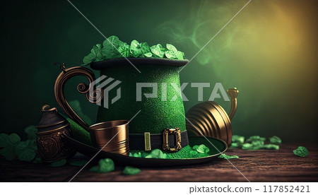Happy St Patricks Day Background Holiday Illustration. Green Saint Patrick Generative AI design 117852421
