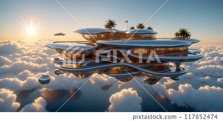 Antigravity futuristic modern house with palm trees, floating above the Clouds during sunset, using anti-gravity technology. Concept architecture of the future.	 117852474