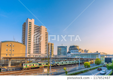 Fujisawa cityscape in Japan in July. View of Tsujido Station on the Tokaido Main Line, trains, and the orange and green Shonan colors of the line = 21st Fujisawa cityscape in Japan in July. View of Tsujido Station on the Tokaido Main Line, trains, and the orange and green Shonan colors of the line = 21st 117852487