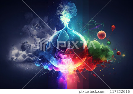 Science background illustration, scientific design. Flasks, glass and chemistry, physics elements. Generative AI 117852616
