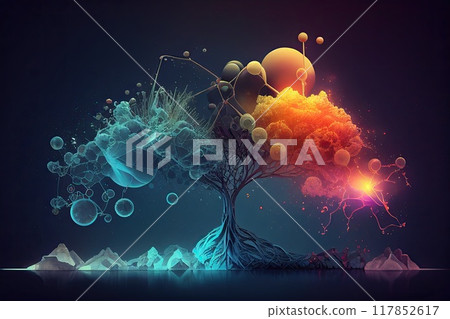Science background illustration, scientific design. Flasks, glass and chemistry, physics elements. Generative AI 117852617