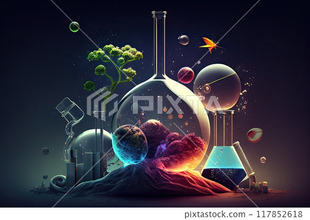 Science background illustration, scientific design. Flasks, glass and chemistry, physics elements. Generative AI 117852618