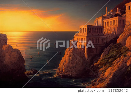 Castle at sea coast, mountains and rocks near water, generative ai architecture background 117852642