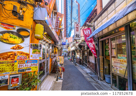 Tokyo cityscape, Japan, August. View of the drinking district "Sancha 3rd Street" (Sangenjaya Triangle Area) right next to Sangenjaya Station 117852678