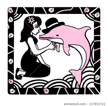 Woman and pink dolphin, brazilian folklore character. Vector illustration in decorative frame 117852722