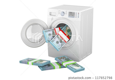 Money laundering, concept. Washing machine with dollar packs. 3D rendering 117852798