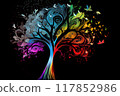 Tree with rainbow color leaves on branches, new ideas concept generative ai 117852986