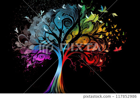 Tree with rainbow color leaves on branches, new ideas concept generative ai 117852986