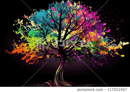 Tree with rainbow color leaves on branches, art and creativity of nature concept, generative ai 117852987