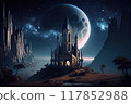 Magical gothic school cathedral at night with huge moon background, generative ai 117852988