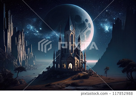 Magical gothic school cathedral at night with huge moon background, generative ai 117852988