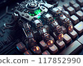 Robot hand on keyboard closeup, ai generative concept art 117852990