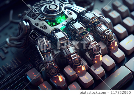 Robot hand on keyboard closeup, ai generative concept art 117852990