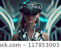 Female using VR, metaverse generative AI. Futuristic design 117853003