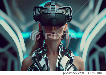 Female using VR, metaverse generative AI. Futuristic design 117853003