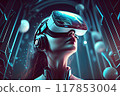woman with virtual reality glasses on blue digital background. Generative AI 117853004