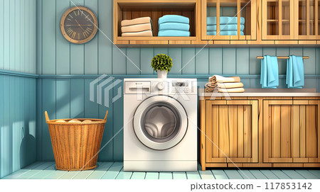 laundry room interior with washing machine dryer laundry basket and folded towels in the cabinet 117853142
