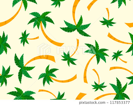 Palm trees seamless pattern. Summer background with tropical palm trees with green foliage. Design for printing on t-shirts, banners, wallpapers, covers and promotional items. Vector illustration 117853377
