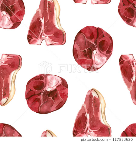 Meat on the bone, steak, beef chops, all objects are hand-drawn with watercolor. Watercolor seamless pattern. Suitable for printing on fabric, paper, for packaging goods and food products. Meat on the bone, steak, beef chops, all objects are hand-drawn with watercolor. Watercolor seamless pattern. Suitable for printing on fabric, paper, for packaging goods and food products. 117853620
