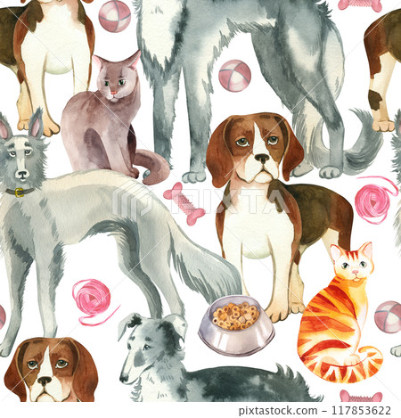 Seamless watercolor pattern. Pets, dogs, cats of different breeds, red and gray, balls, a ball of thread, bones for dogs. All objects are hand-drawn with watercolors. For printing on fabric, product. Seamless watercolor pattern. Pets, dogs, cats of different breeds, red and gray, balls, a ball of thread, bones for dogs. All objects are hand-drawn with watercolors. For printing on fabric, product. 117853622