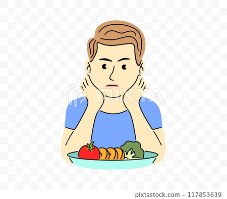 Boy does not want to eat healthy food, graphic design. Child, food, meal, vegetables and fruit, vector design and illustration 117853639