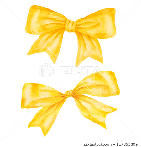 Golden bow-knot. Watercolor hand drawn cut out and isolated clip art. Christmas, gift, holiday element illustration. Painting for party prints, packing, textile, packing paper, fabric, background 117853809