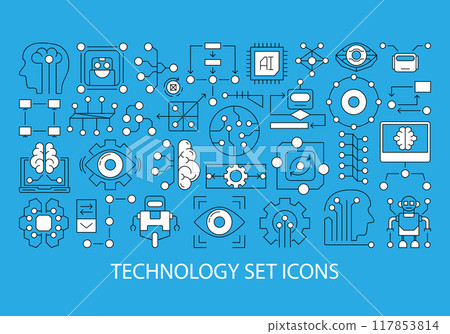 Set of vector illustrations of modern technology made with minimalistic icons of artificial intelligence, machine learning, brain and robot. Outline icons in flat minimalist style for design. 117853814