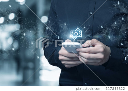 Man uses phone to manage finances online. Man uses phone to manage finances online. 117853822