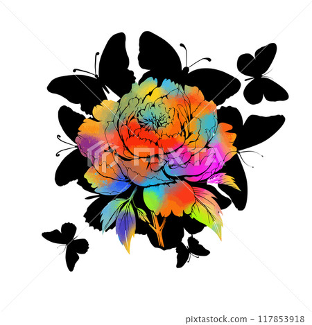 Rainbow flower with black butterflies abstraction. hand drawing. Not AI, Vector illustration 117853918