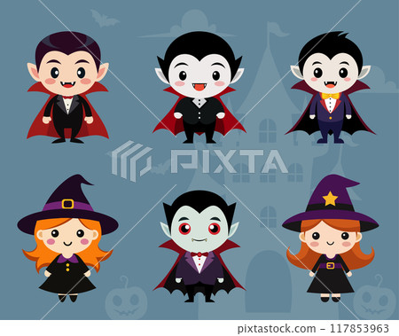 Cute Dracula vampire and little witch character for Halloween, vector illustration 117853963