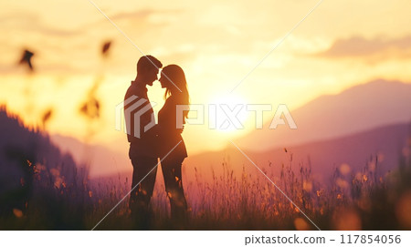 Young Couple Embracing in a Field at Sunset with Mountains in Background Young Couple Embracing in a Field at Sunset with Mountains in Background 117854056