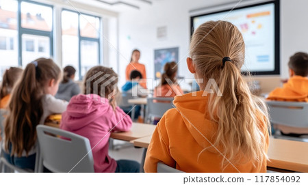 Young Students in Classroom Listening to Teachers Presentation in Bright Setting 117854092