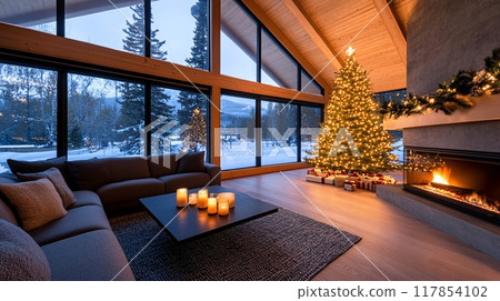 Cozy Modern Living Room with Christmas Tree and Fireplace in Winter Wonderland 117854102