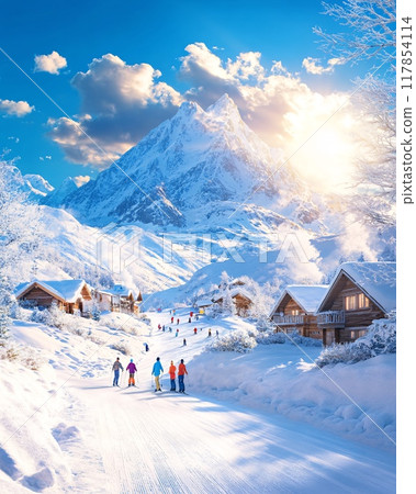 Families and Friends Enjoying a Beautiful Snowy Day in a Mountain Village 117854114