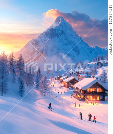 Skiers Enjoying a Winter Evening in a Snowy Alpine Village at Sunset Skiers Enjoying a Winter Evening in a Snowy Alpine Village at Sunset 117854115