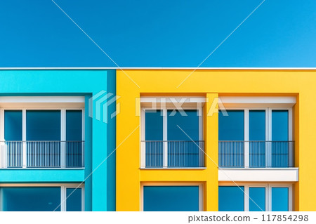 Colorful Modern Apartment Building Facade with Blue Sky and Minimalist Design 117854298