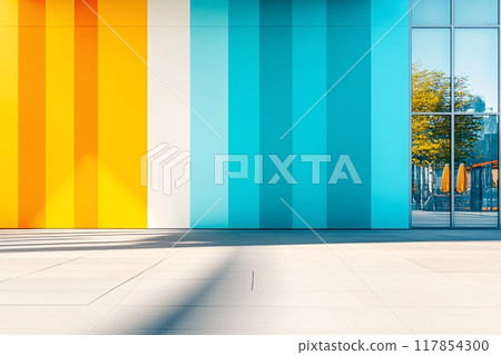 Colorful Modern Building Exterior with Vibrant Vertical Stripes and Reflections 117854300