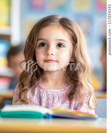 Young Girl Learning in Classroom with Books and Friends During School Day 117854343