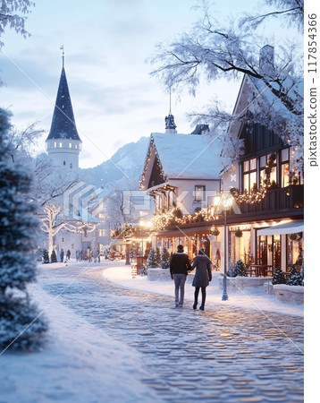 Couple Walking Through Snowy Village Street Decorated with Christmas Lights 117854366