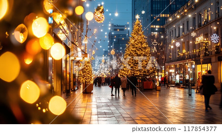 Busy City Street with Festive Christmas Lights and Decorated Trees at Night 117854377