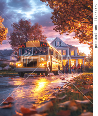 School Bus Arriving in Cozy Neighborhood at Sunset with Waiting Parents and Children 117854379