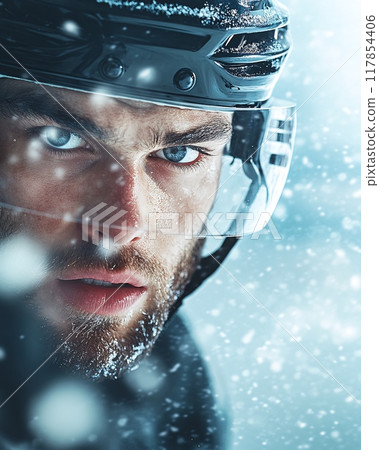 Focused Ice Hockey Player with Beard in Action During Snowy Winter Game Focused Ice Hockey Player with Beard in Action During Snowy Winter Game 117854406
