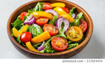 Fresh Vegetable Salad with Tomatoes, Peppers, and Onions in Wooden Bowl Fresh Vegetable Salad with Tomatoes, Peppers, and Onions in Wooden Bowl 117854454
